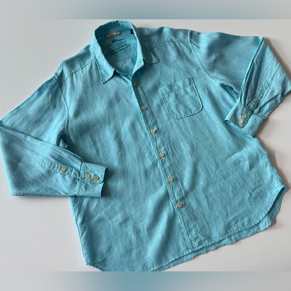 Tommy Bahama Relax Men’s XL Linen Long Sleeve Button Front Shirt Aqua Blue